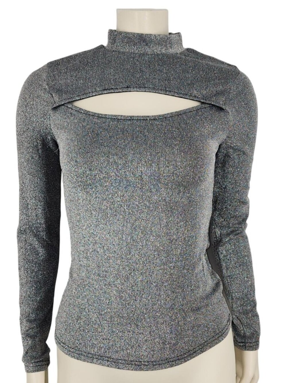 Women's Shein Silver Black Shimmery Peek-A-Boo Fitted Blouse XS Mock Neck Shirt